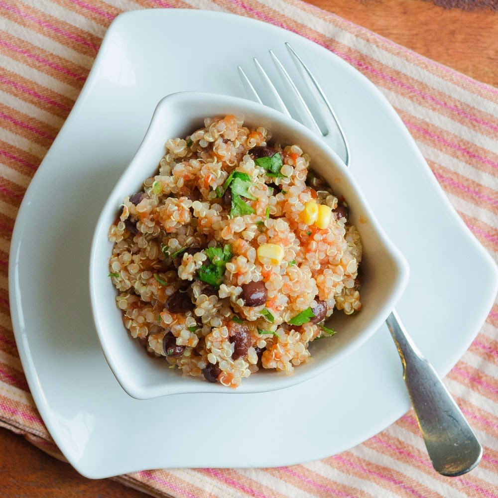 White bowl with Quinoa with Corn and Black Bean Salsa