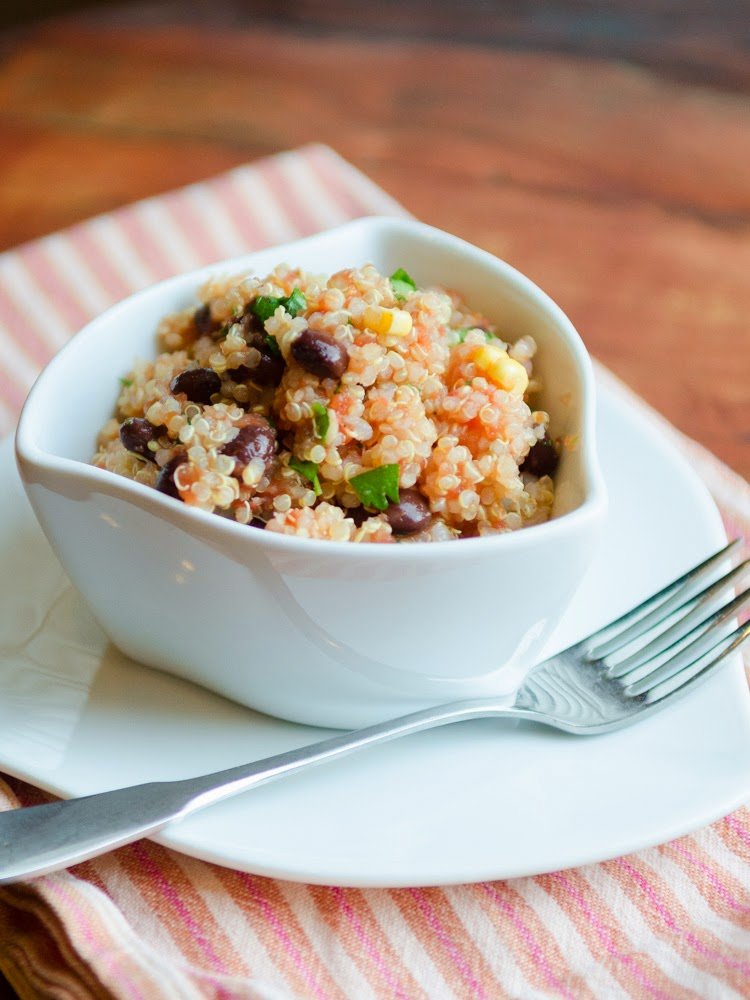 White bowl with Quinoa with Corn and Black Bean Salsa