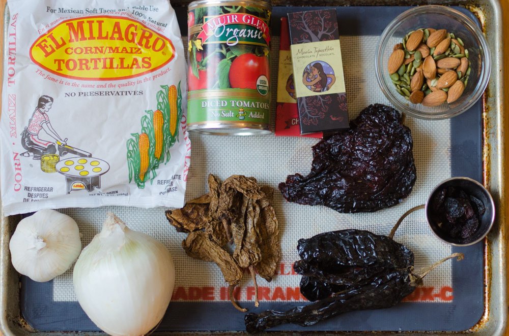 Ingredients for making a classic Mexican mole poblano sauce