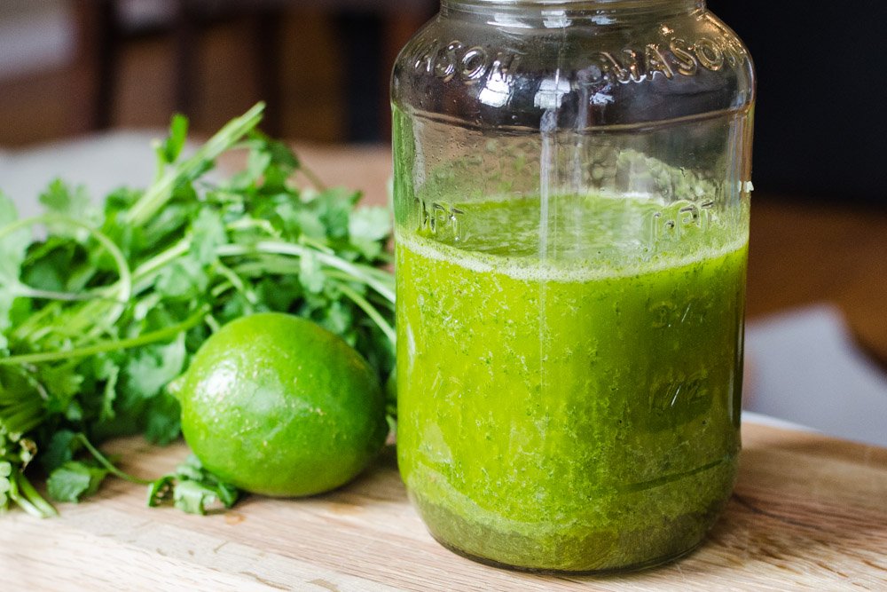 Cilantro and Lime Salad Dressing stored in a Mason Jar