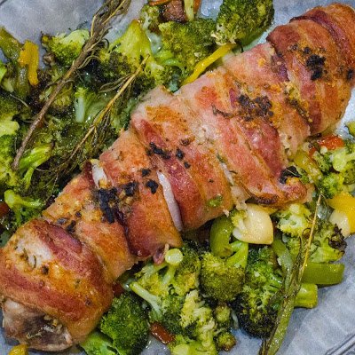Bacon Wrapped Pork Tenderloin with Broccoli