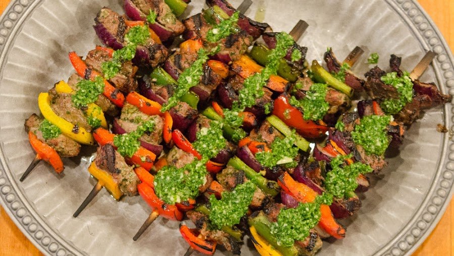 Chimichurri Steak Skewers with Extra Chimichurri on Top