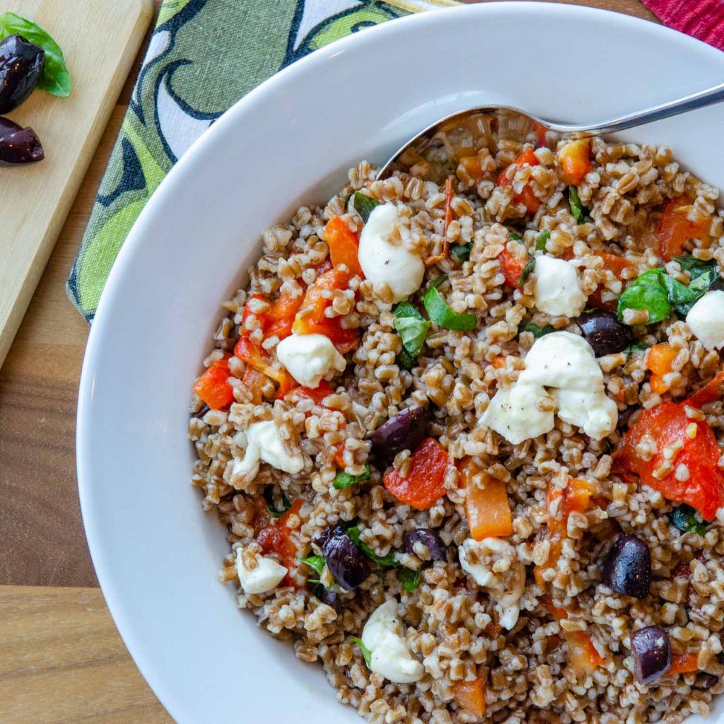 Wheatberry Salad and Roasted Red Pepper Salad with Mozzarella, Olives and Basil