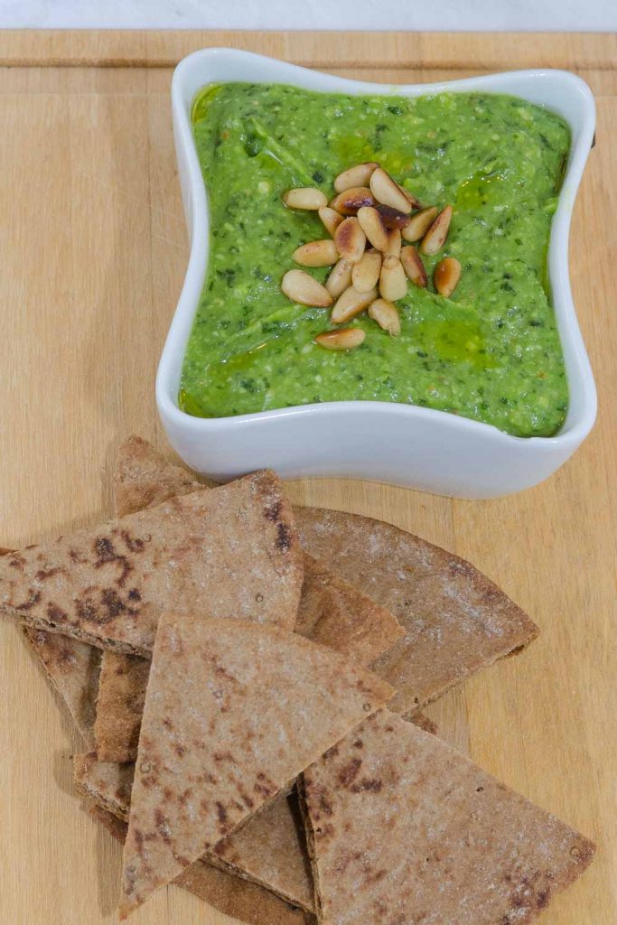 Basil & Asparagus Pesto with Pine Nuts and Toasted Whole Wheat Pita Bread
