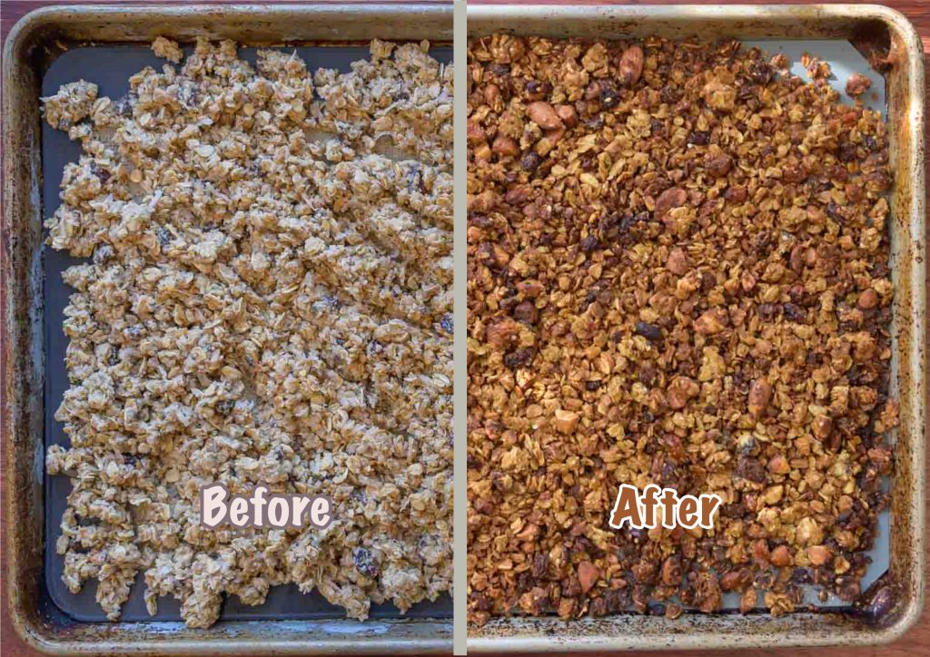 Before and After Cooking Okara Granola in the Oven
